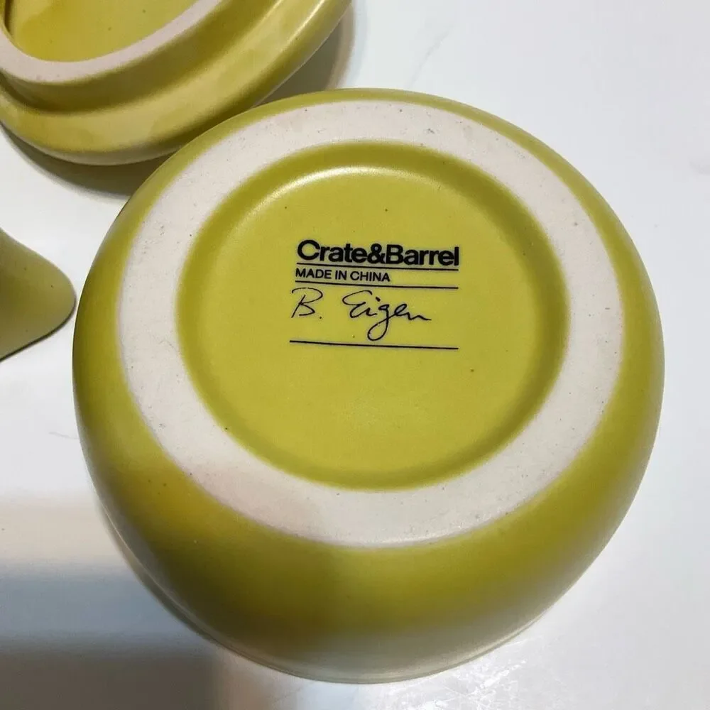 Crate & Barrel Creamer and Sugar Bowl. Signed B. Eigen. Pea green